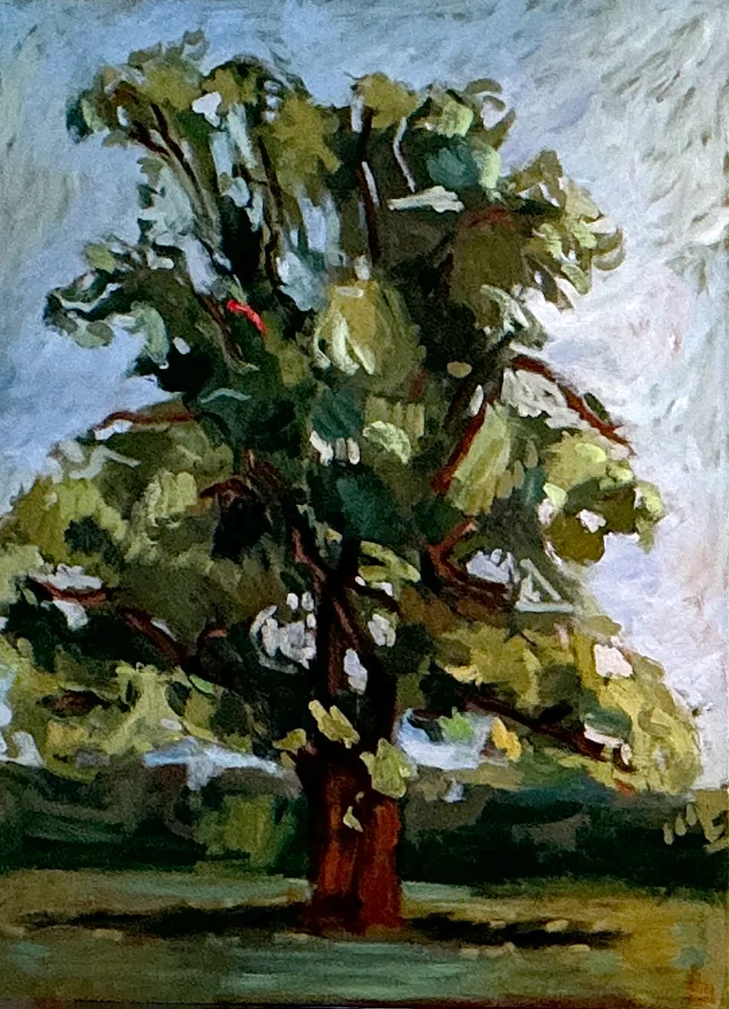 Acrylbild roter Drache in einem Baum.