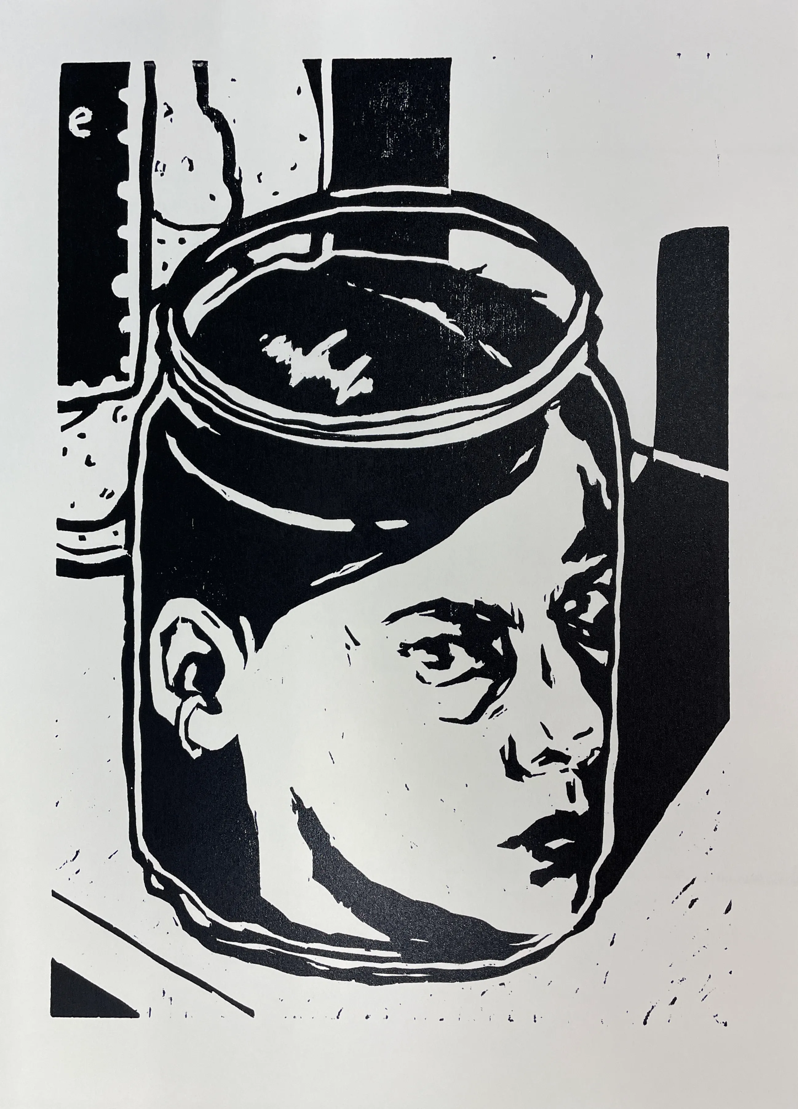 Schwarz Weiß Linol Holzschnitt - Kopf im Einmachglas.